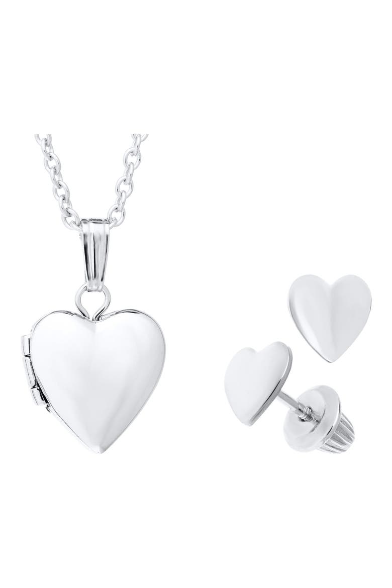Sterling Silver Heart Locket Necklace & Earrings Set, Main, color, SILVER