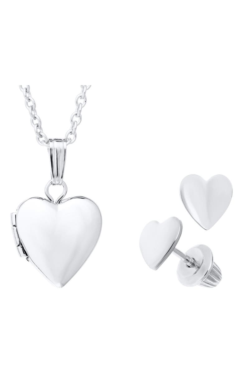 Mignonette Sterling Silver Heart Locket Necklace & Earrings Set, Main, color, Silver