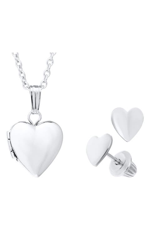 Sterling Silver Heart Locket Necklace & Earrings Set (Girls)