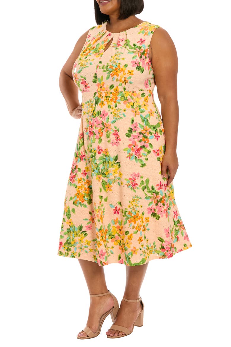 Floral Keyhole Midi Dress, Alternate, color, PEACH FUZZ/ CORAL