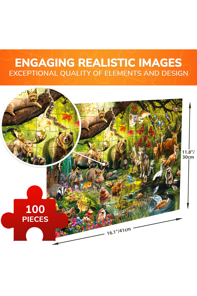 Kids Jigsaw Puzzle Set - Illustrated 100-Piece Puzzles with Educational Themes, Alternate, color, Forest