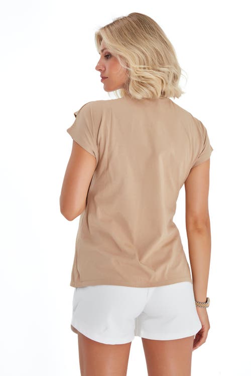 Accouchée Crossover Short Sleeve Cotton Maternity/nursing Top In Beige