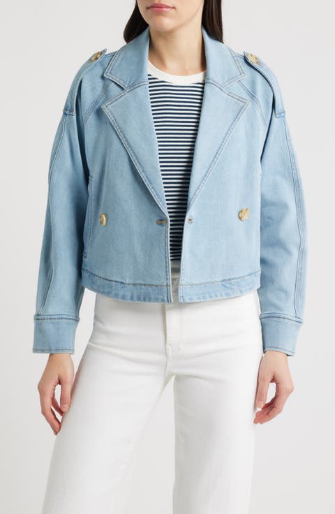 Double Breasted Denim Crop Trench Jacket