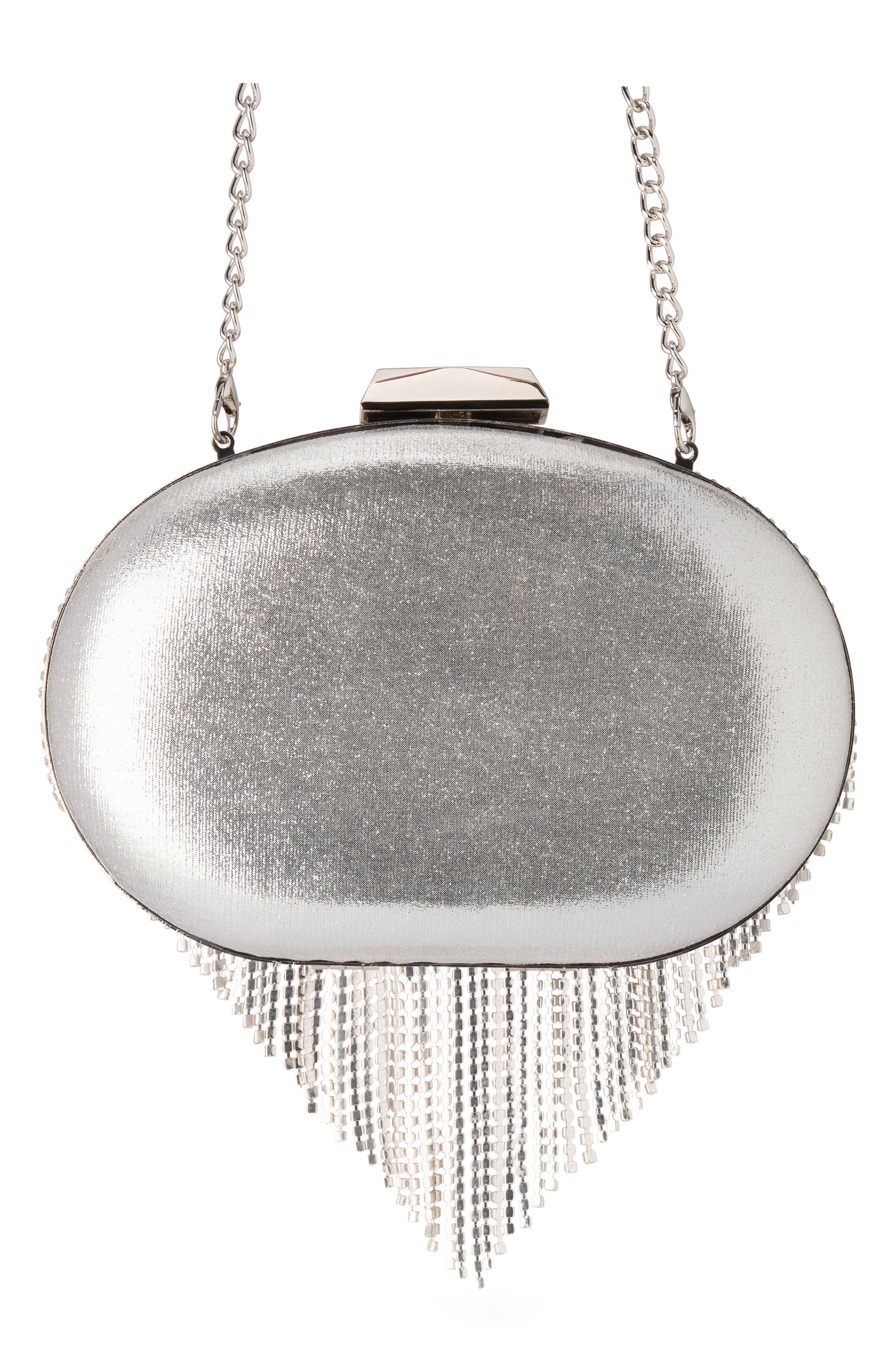 Olga Berg Bria Crystal Fringe Clutch, Alternate, color, Silver