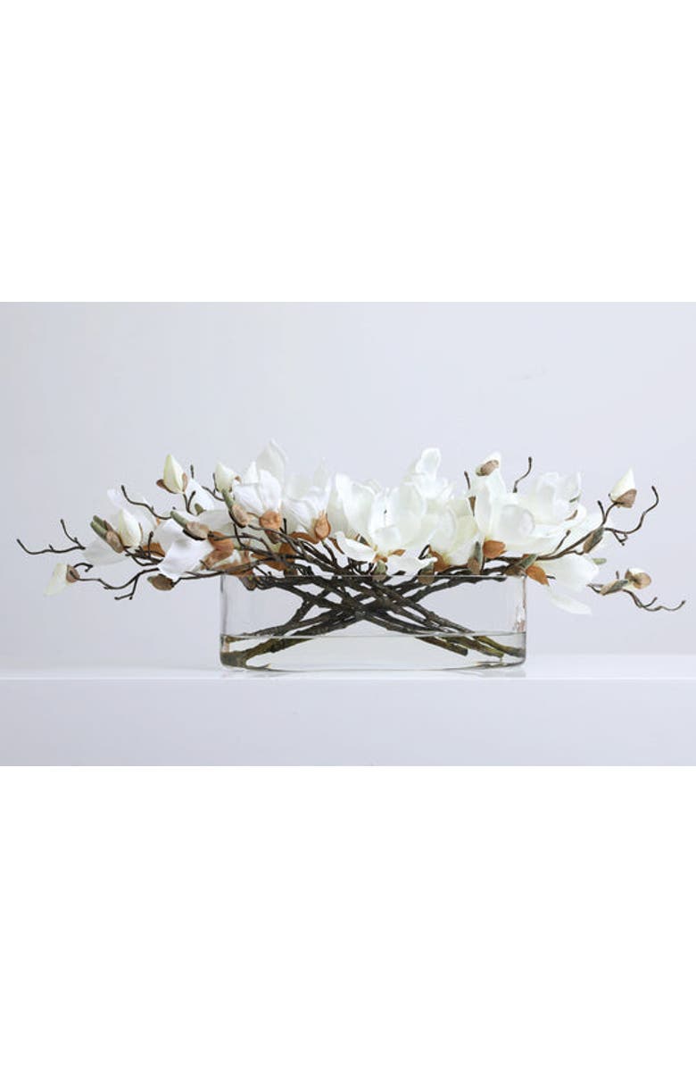 Darby Creek Trading Real Touch Magnolia Blooms Floral Centerpiece Water Illusion Arrangement in Oval Vase, Main, color, White