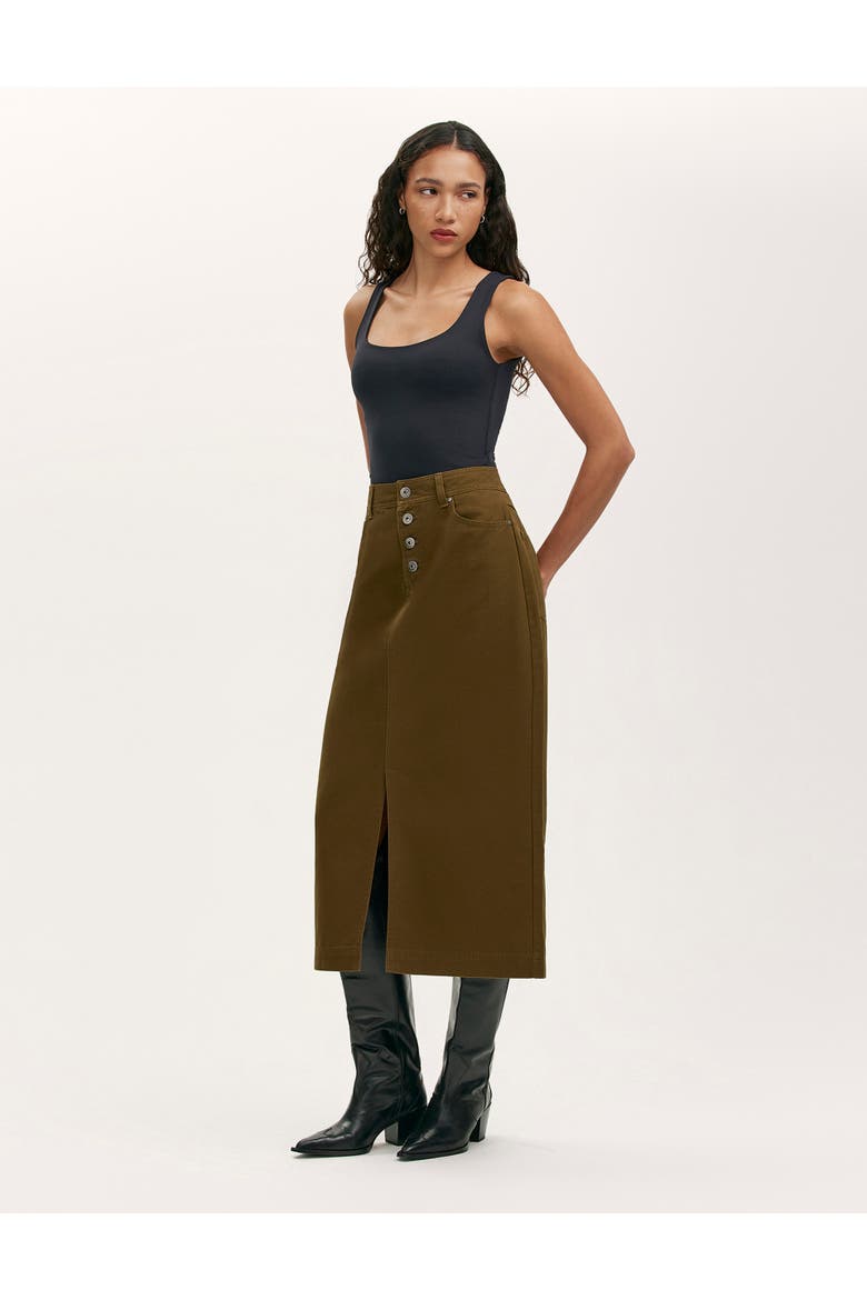 Beth Cotton Button-Front Midi Skirt, Alternate, color, Khaki