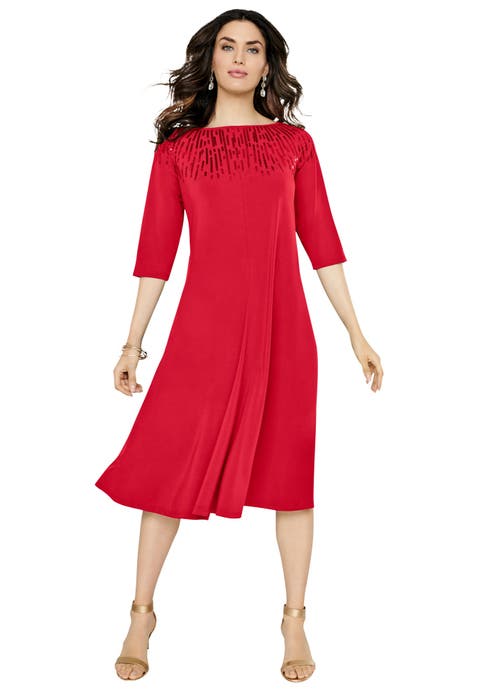 Plus Size 3/4 Sleeve Embellished Boatneck Dress (Plus)