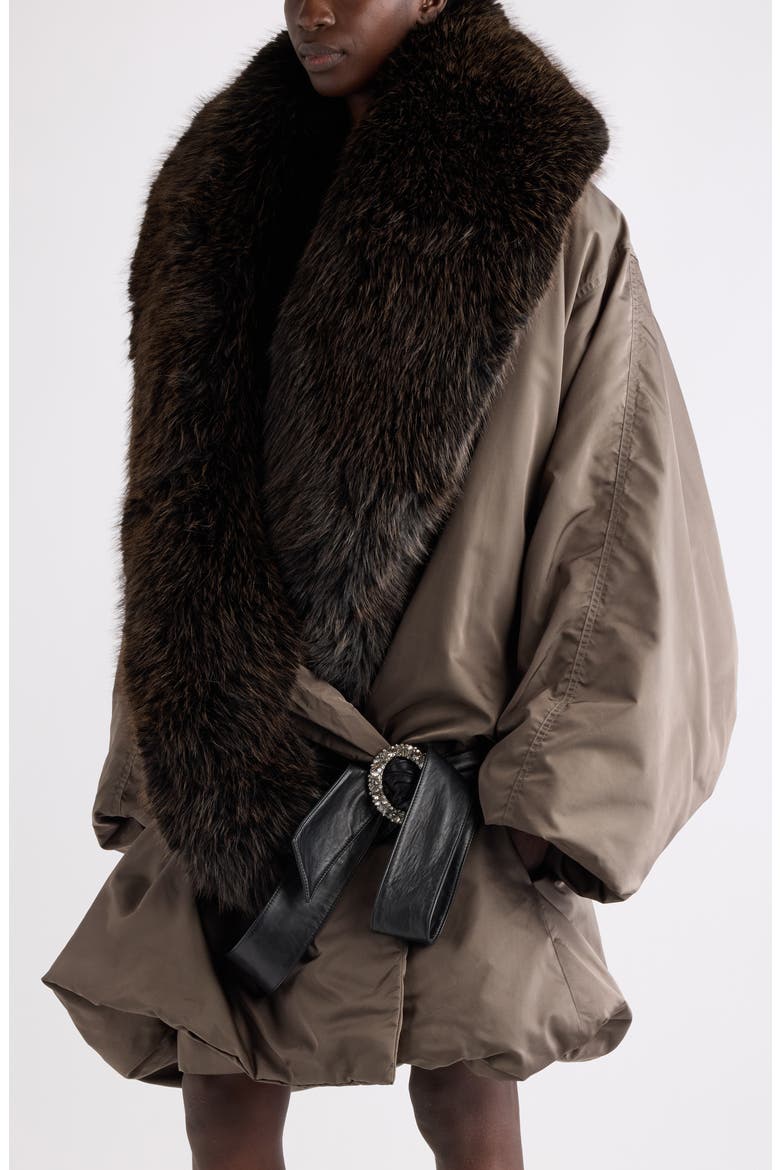 Faux Fur Collar Belted Silk Coat, Alternate, color, KAKI FONCE