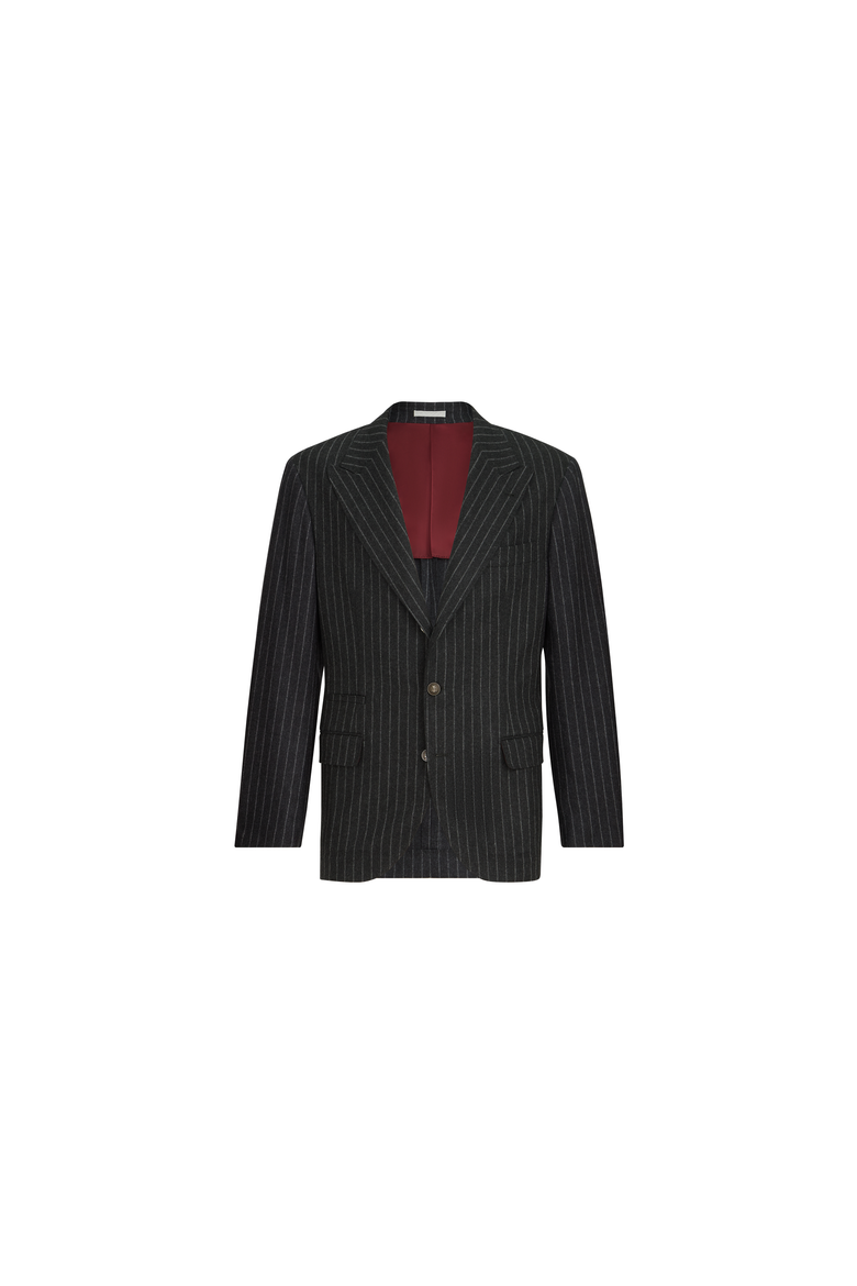Virgin wool and cashmere chalk stripe flannel deconstructed blazer with large peak lapels and metal buttons, Alternate, color, Anthracite