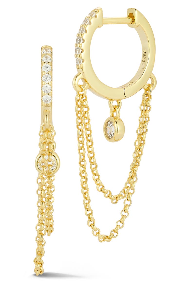 Cubic Zirconia Chain Drop Huggie Hoop Earrings, Main, color, GOLD