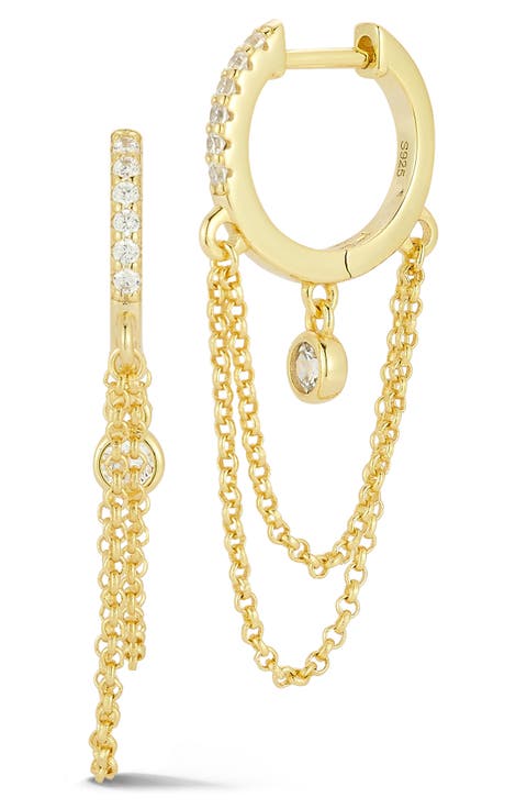 Cubic Zirconia Chain Drop Huggie Hoop Earrings