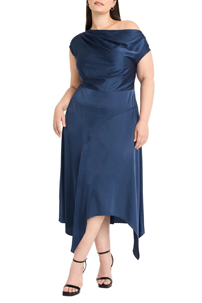 One-Shoulder Cap Sleeve Satin Midi Dress, Main, color, ENSIGN BLUE