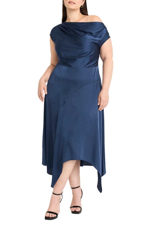 One-Shoulder Cap Sleeve Satin Midi Dress (Plus)