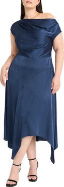 Maggy London One-Shoulder Cap Sleeve Satin Midi Dress