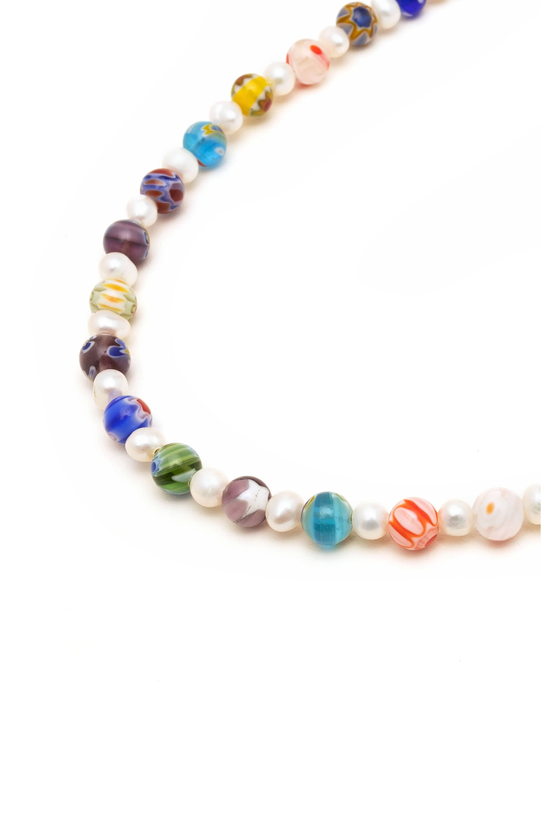 Pearl Necklace with Hand-Painted Glass Beads, Alternate, color, Multicolor