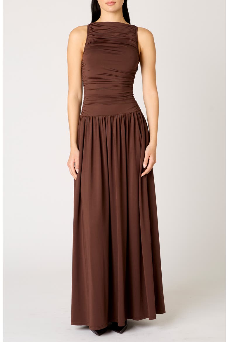 Clea Ruched Sleeveless Drop Waist Maxi Dress, Main, color, ESPRESSO