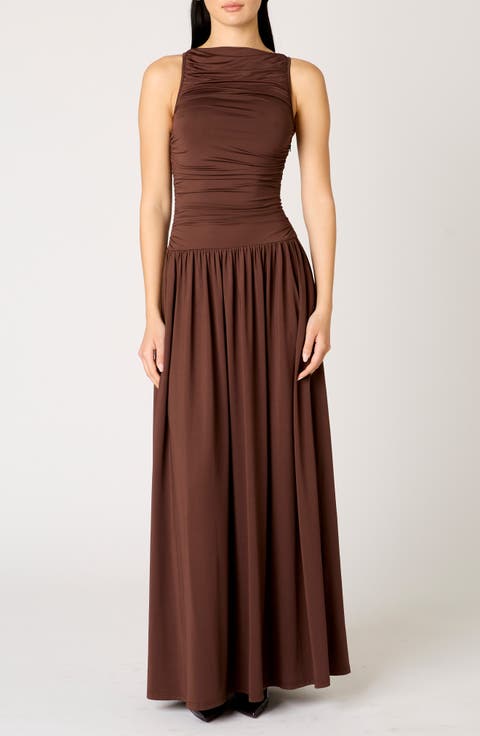 Clea Ruched Sleeveless Drop Waist Maxi Dress