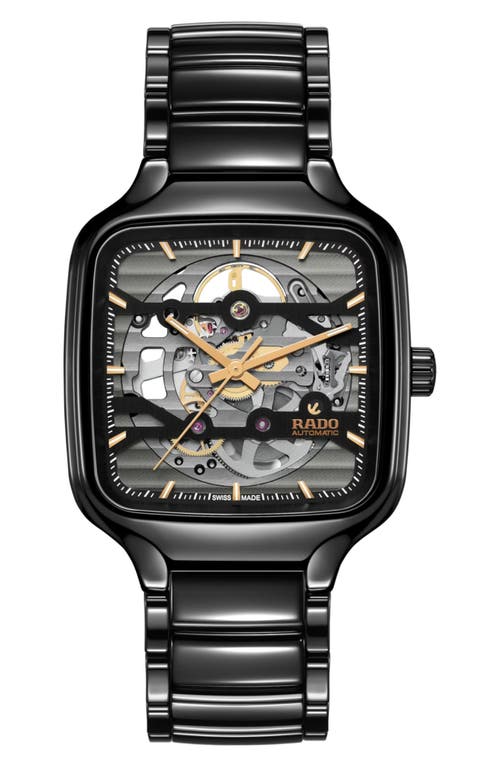 RADO True Square Automatic Skeleton Bracelet Watch, 38mm in Black at Nordstrom