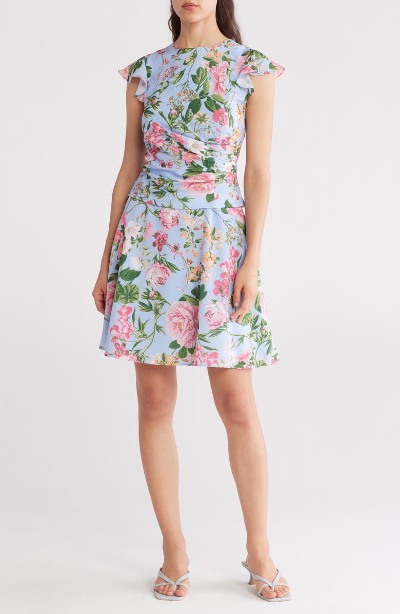 Vince Camuto Shirred Flutter Sleeve Dress, Main, color, Blue Multi