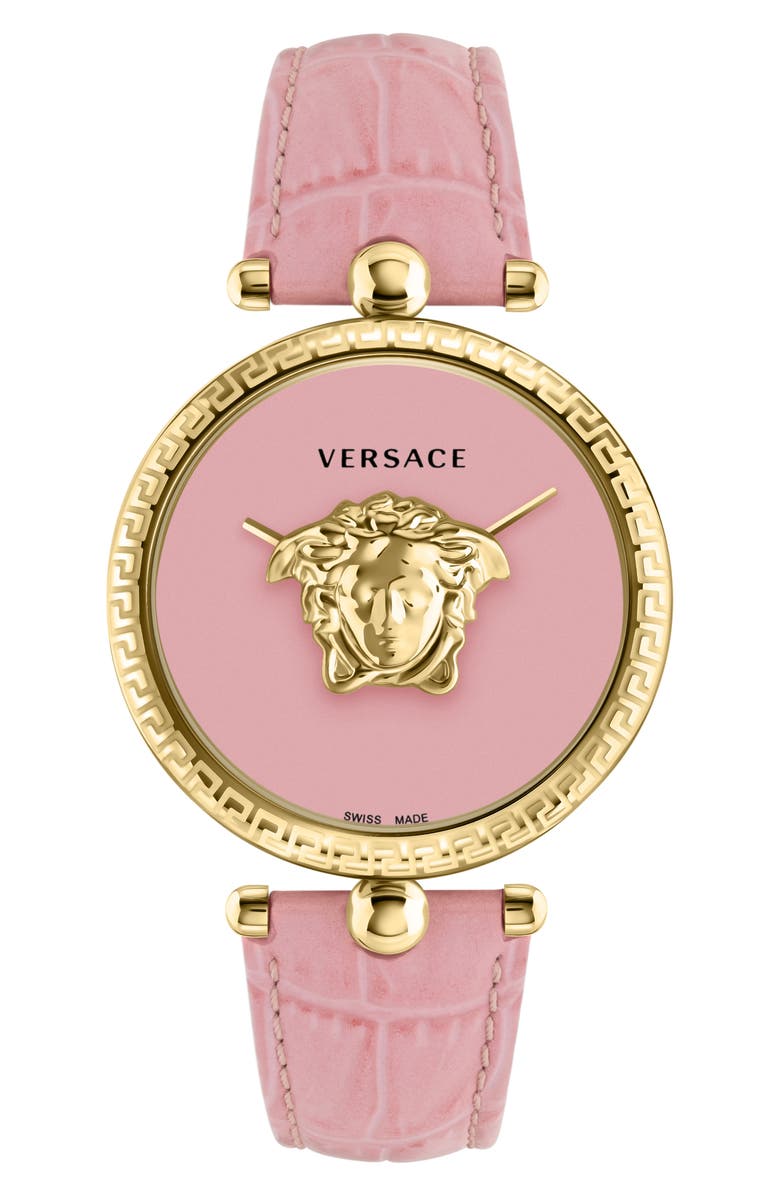 Versace Palazzo Empire Croc Embossed Leather Strap, 39mm, Main, color, Gold