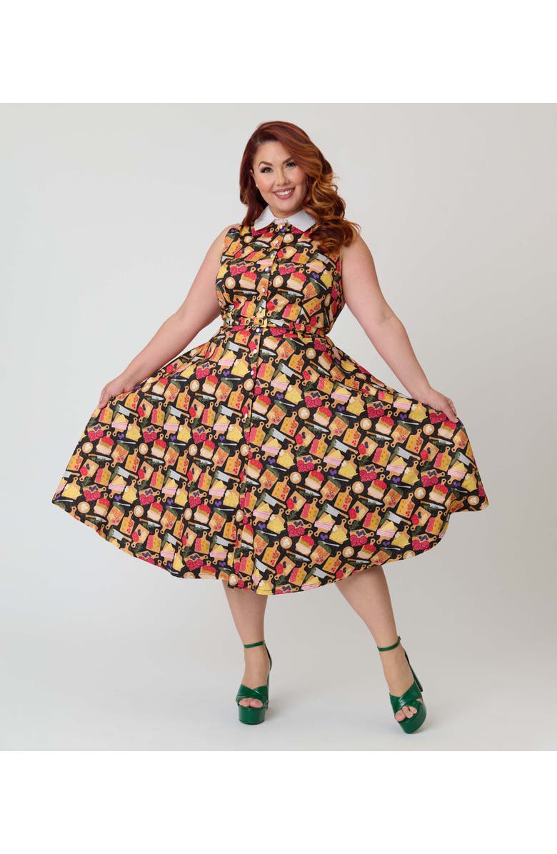 Unique Vintage Plus Size Sleeveless Darlene Dress, Main, color, Black Charcuterie Print