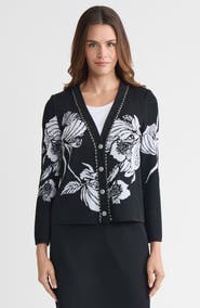 Ming Wang Heritage Chain Trim Floral Jacquard Knit Cardigan