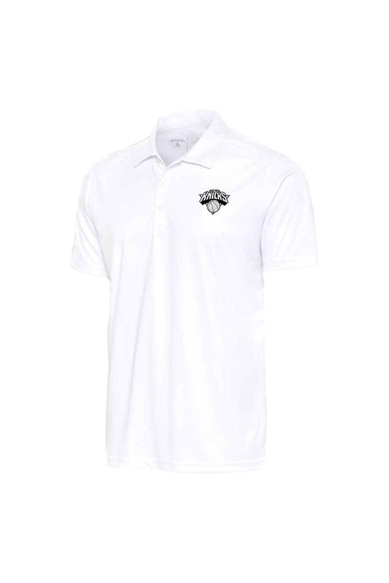Men's Antigua White New York Knicks Metallic Logo Tribute Desert Dry Polo, Main, color, White