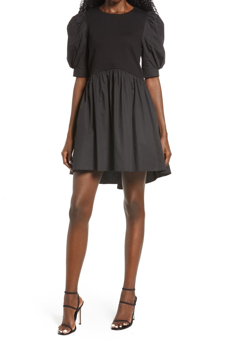 Mixed Media Puff Sleeve Dress, Main, color, BLACK