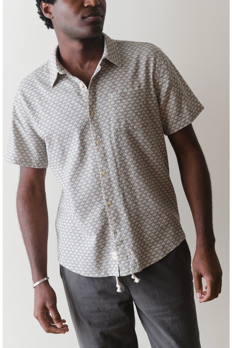 Classic Short Sleeve Stretch Cotton Selvage Button-Up Shirt, Main, color, LIGHT BLUE AGAVE PRINT
