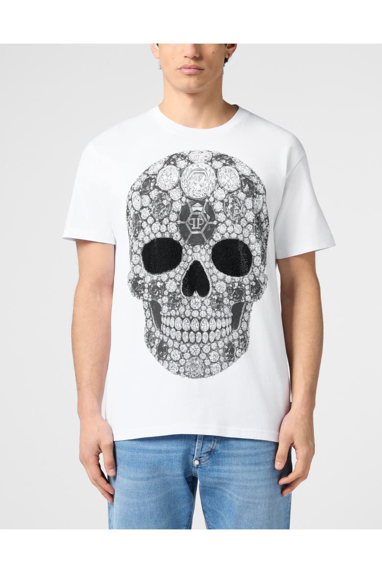 Round Neck T-Shirt Skull Stones Men, Main, color, white/black