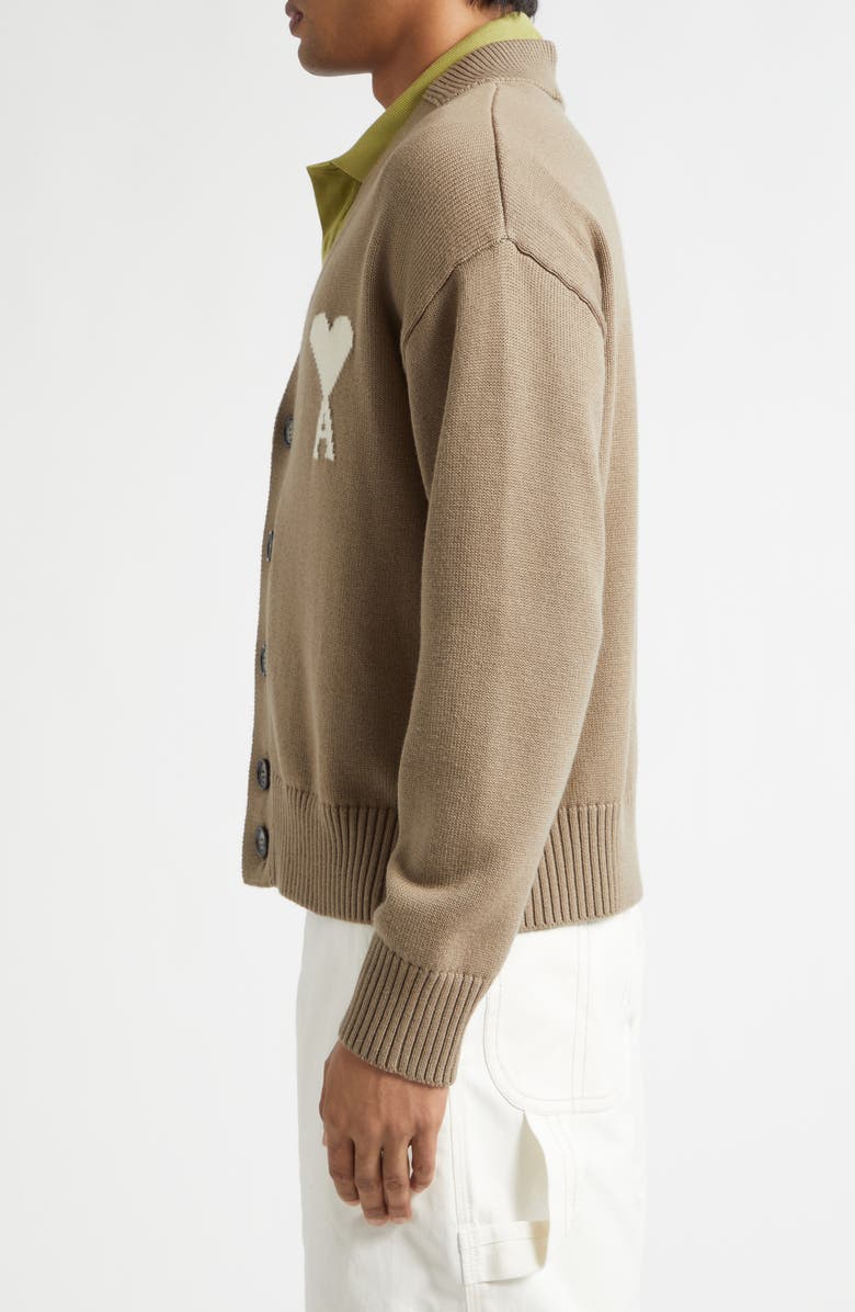 AMI PARIS Ami de Coeur Intarsia Wool & Cotton Cardigan, Alternate, color, Beige Taupe/ Ecru