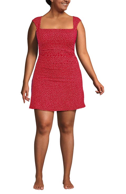 Chlorine Resistant Square Neck Ruched Swim Dress One Piece Swimsuit