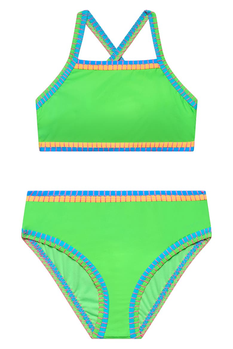 Kids' Cross Back Embroidered Two-Piece Swimsuit, Main, color, BIO-LIME