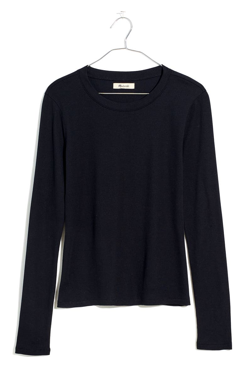 Fine Ribbed Crewneck Long Sleeve Tee, Alternate, color, TRUE BLACK