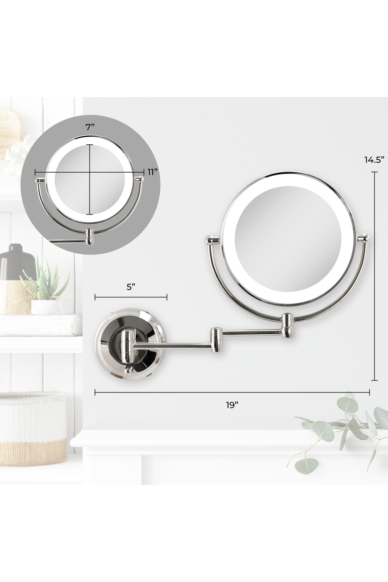 Lighted Wall Mounted Makeup Mirror with 10X/1X Magnification & Extendable Arm, Alternate, color, Chrome