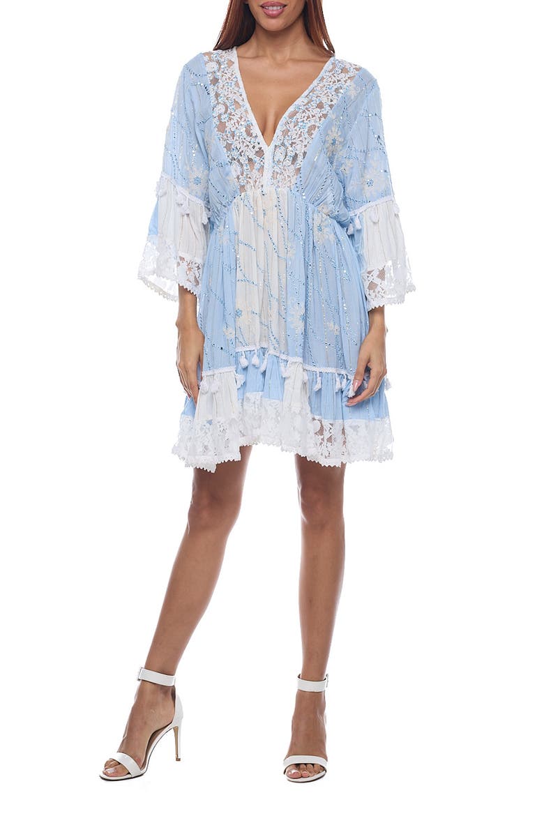 Lace Bell Sleeve Minidress, Main, color, BLUE