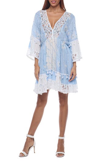 Shop Ranee's Ranees Lace Bell Sleeve Minidress In Blue