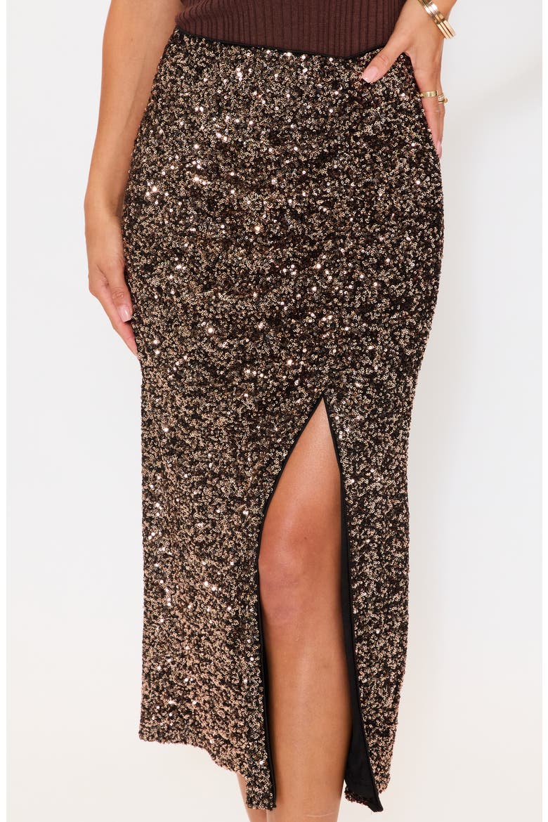 Gilded Sequin Midi Skirt, Alternate, color, DARK BROWN