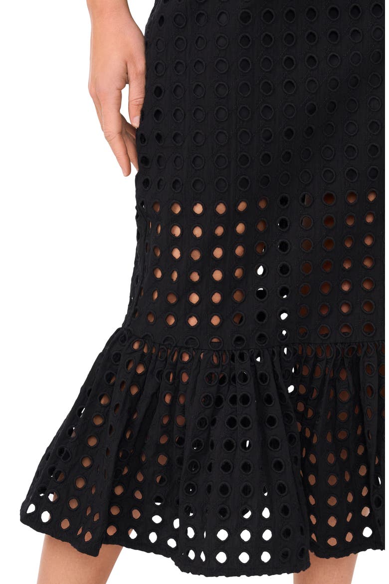 Eyelet Ruffle Hem Cotton Midi Skirt, Alternate, color, RICH BLACK