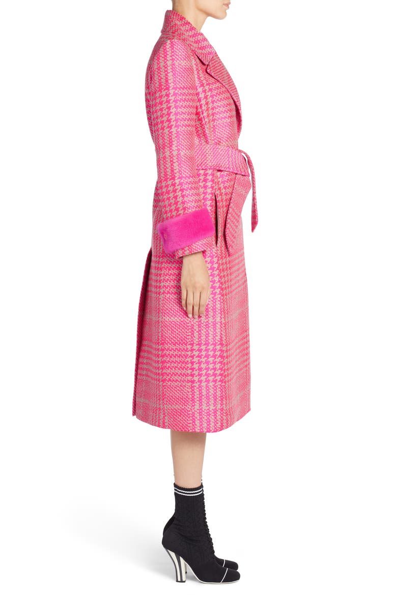 Pop Genuine Mink Fur Trim Prince of Wales Check Coat, Alternate, color, GLAMOUR PINK
