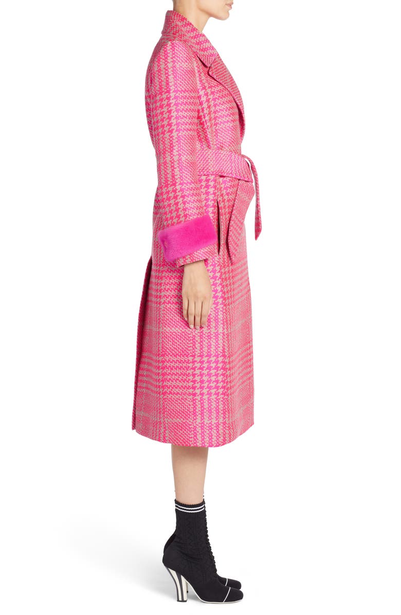 Fendi Pop Genuine Mink Fur Trim Prince of Wales Check Coat, Alternate, color, 
