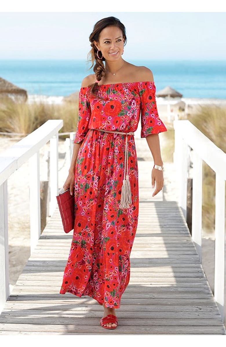 LASCANA Women's Off Shoulder Printed Maxi Dress, Alternate, color, Multi