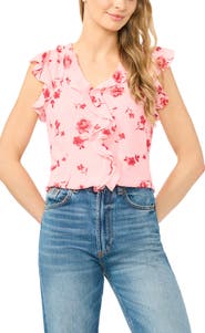 CeCe Ditsy Floral Ruffle Trim Top