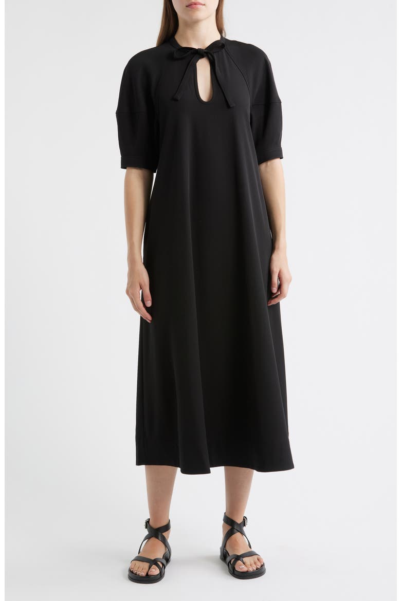 Tie Neck Midi Dress, Main, color, BLACK DARK