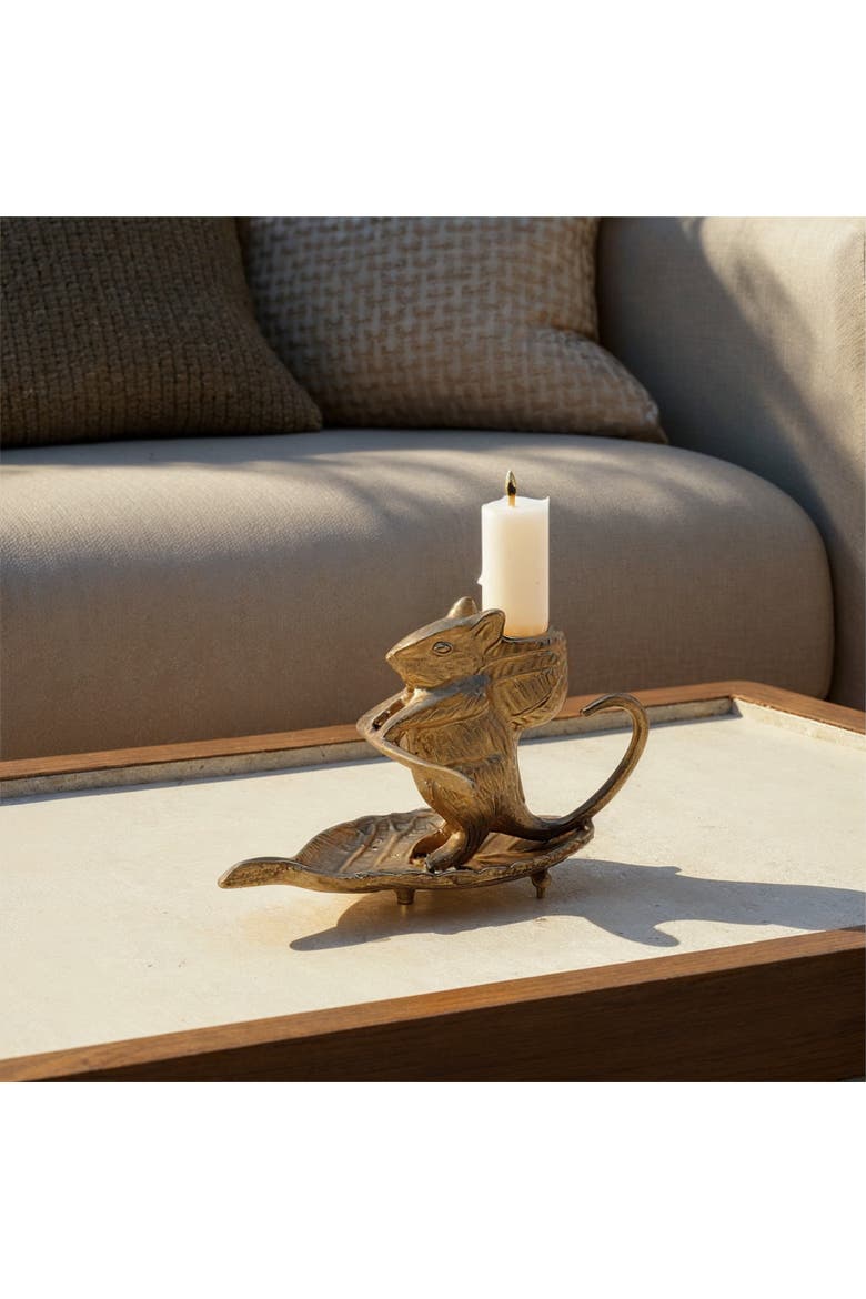 Mouse-on-Leaf Taper Holder, Alternate, color, Brass