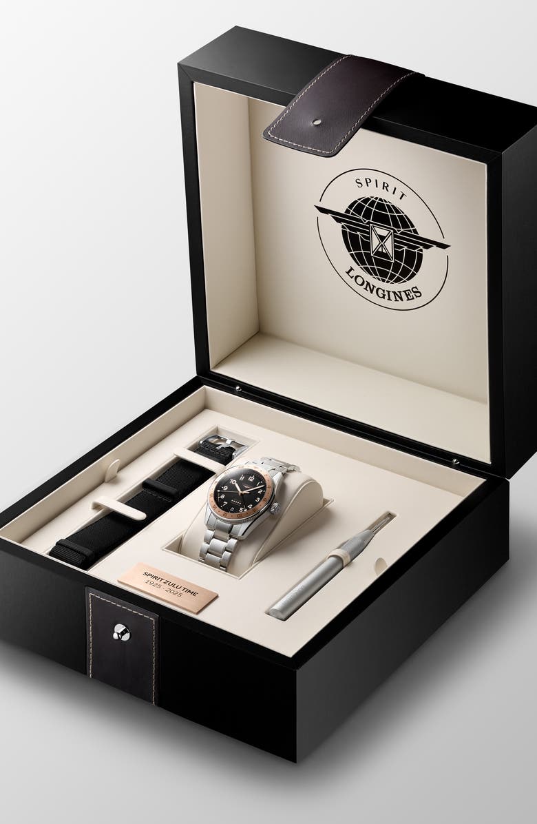 Longines Spirit Zulu Time 1925 GMT Automatic Bracelet Watch, 39mm, Alternate, color, Black