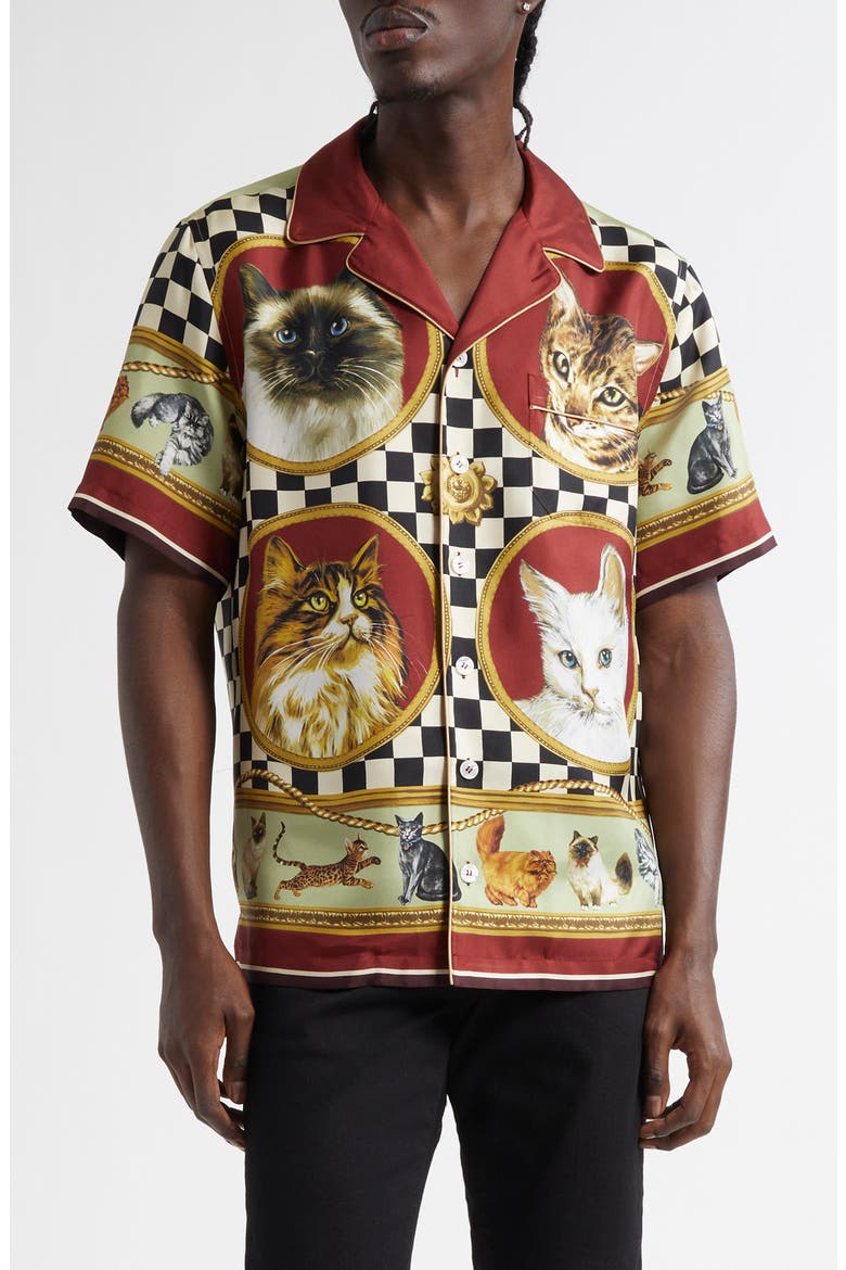 Cat Print Silk Camp Shirt, Main, color, GATTI