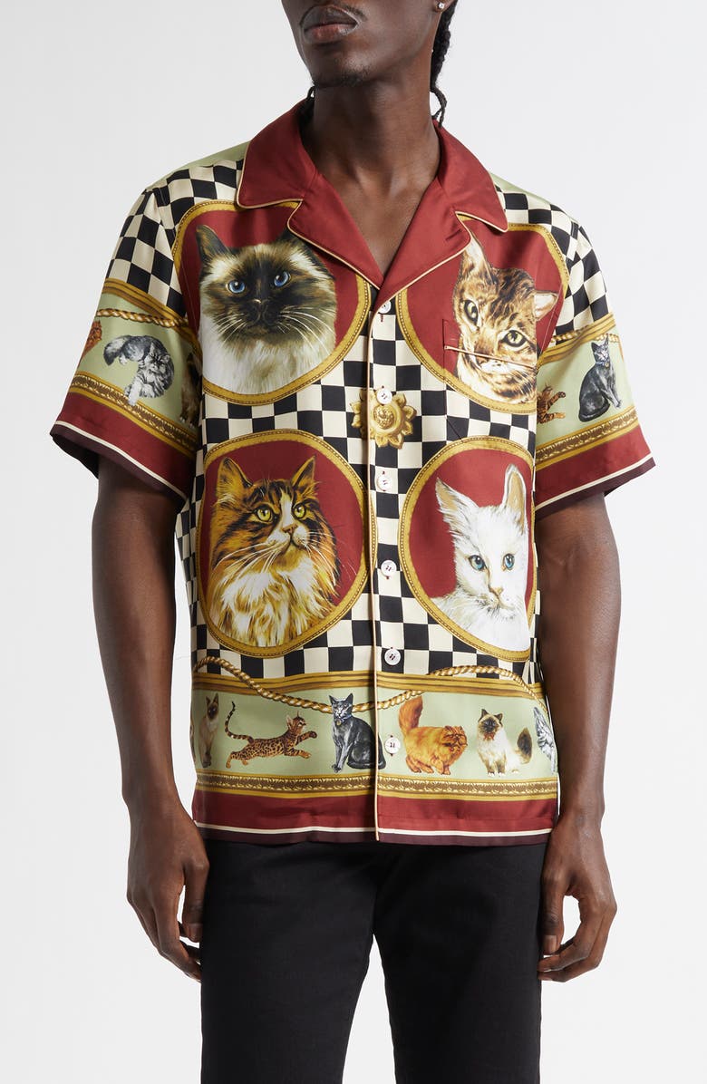 Dolce&Gabbana Cat Print Silk Camp Shirt, Main, color, Gatti