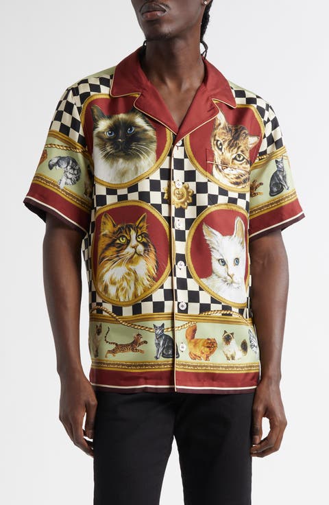 Cat Print Silk Camp Shirt