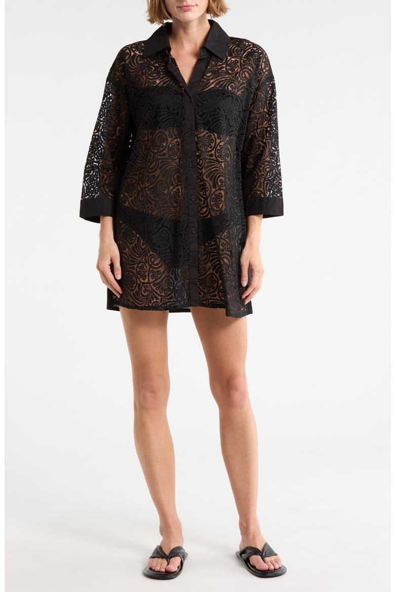 Lace Front Cover-Up Shirt, Main, color, BLACK